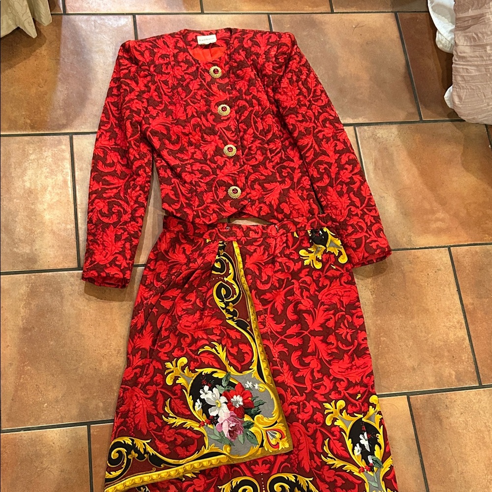 Raul Blanco Red and Black Silk Skirtsuit